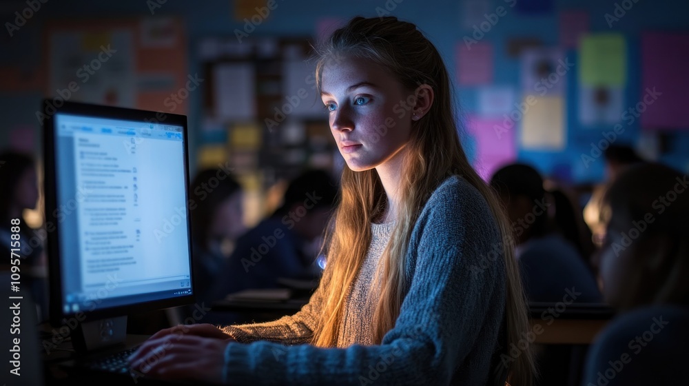 Aufkleber A focused student working on a computer in a dimly lit classroom.