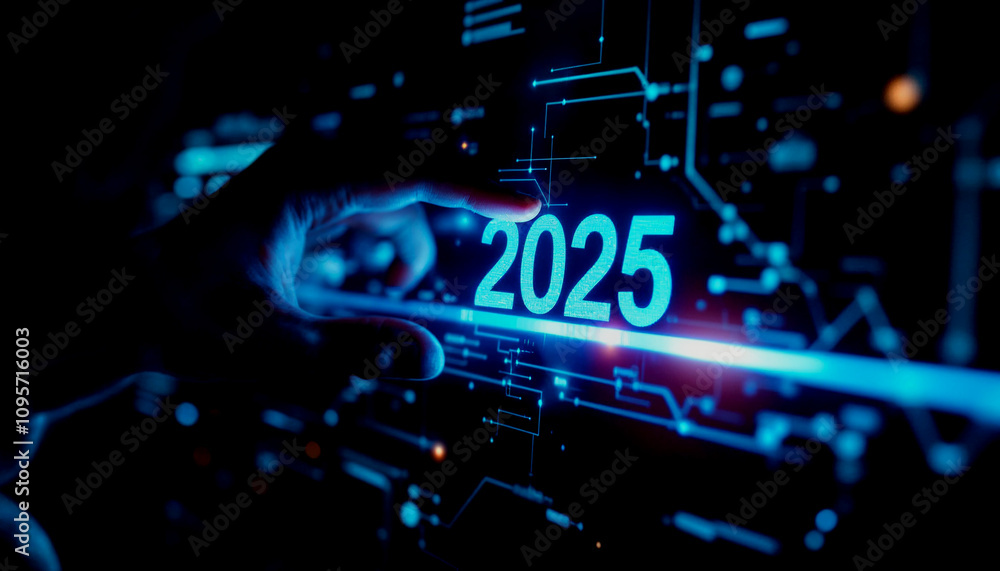 Poster person pointing at a digital progress bar transitioning from 2024 to 2025, symbolizing new year anti