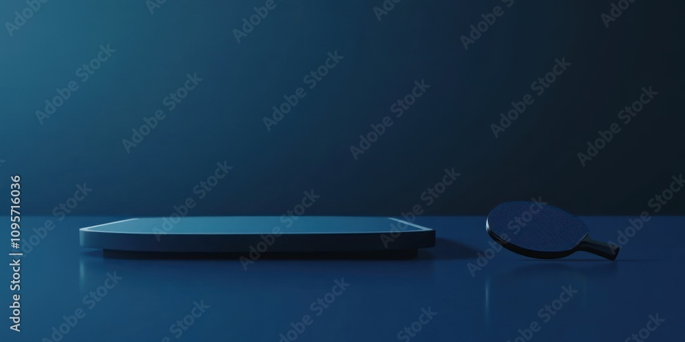 Poster a minimalistic scene featuring a table tennis paddle and a table on a blue background.