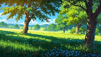 Serene Meadow with Large Trees in Anime Style