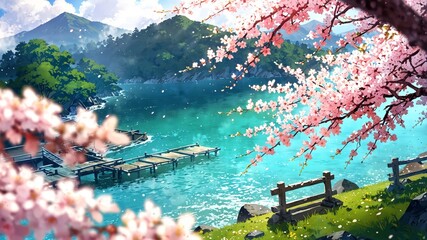 Serene Japanese Landscape with Cherry Blossoms