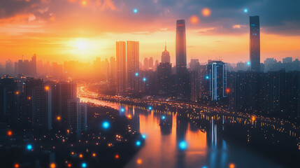 Obraz premium Smart digital Innovation city with connection network reciprocity over the cityscape. of future smart wireless digital city and social media networking systems that connects people with in city