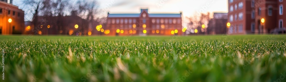 Aufkleber a grassy field with blurred buildings in the background during twilight.