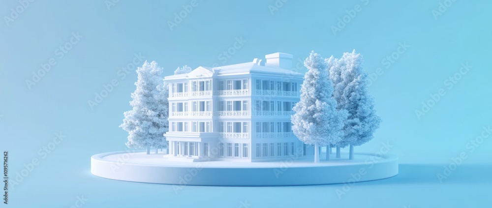 Aufkleber a minimalist 3d model of a building surrounded by trees on a circular base.