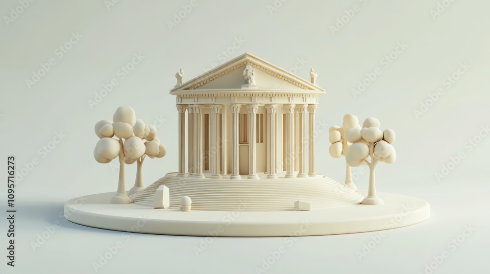 Poster a minimalist model of a classical building surrounded by stylized trees.