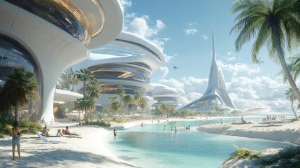 A futuristic beach scene featuring sleek buildings and a serene lagoon surrounded by palm trees.