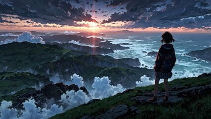 Serene Silhouette at Sunset Over Ocean Landscape