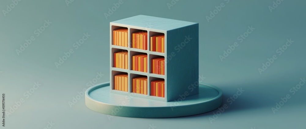 Poster A stylized cube shelf displaying colorful books in a minimalist design.