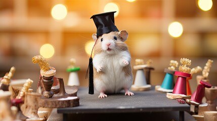 An adorable Syrian hamster graduate standing on a podium with a miniature graduation cap and tassel, looking out at a cheering crowd of other small animals.