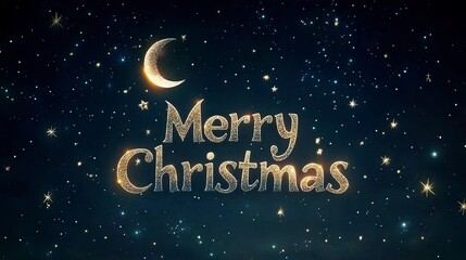 Naklejka premium Set against a dark, starry sky with Merry Christmas in bright, sparkling white letters, surrounded by twinkling stars and a glowing crescent moon.