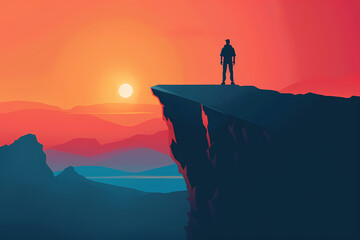 Obraz premium A silhouetted figure stands on a cliff edge, gazing at a vibrant sunset in a breathtaking landscape filled with mountains and valleys.