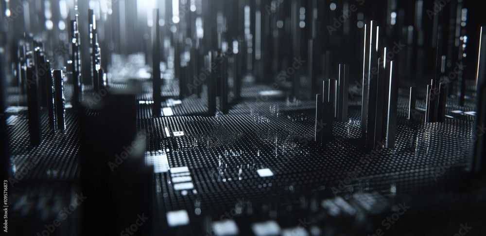 Aufkleber A futuristic digital landscape with towering structures and a grid-like surface.