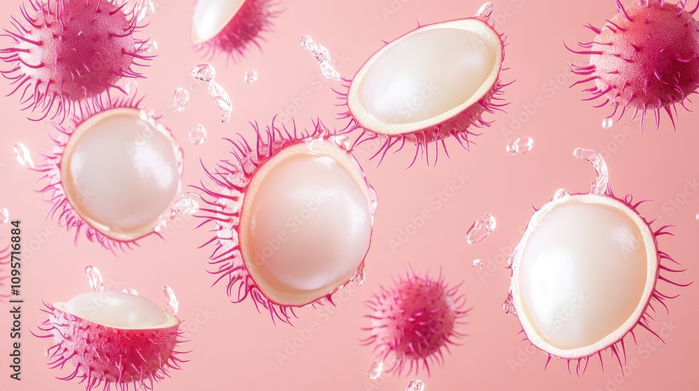 Poster a vibrant arrangement of pink and white spherical objects with spiky textures on a pastel background