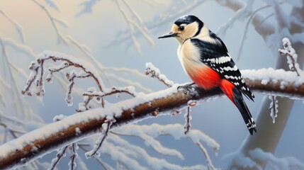 Naklejka premium Great Spotted Woodpecker on a snowy branch, with the birdâ€™s bright red and black feathers contrasting against a white, wintry landscape.