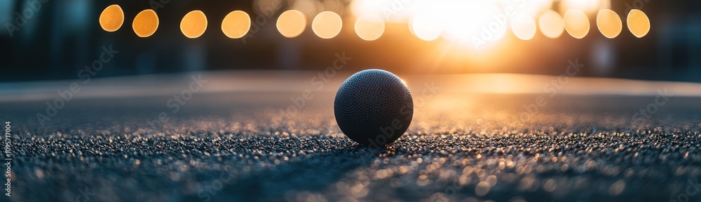 Poster A solitary ball rests on a textured surface with a warm sunset backdrop and soft bokeh lights.