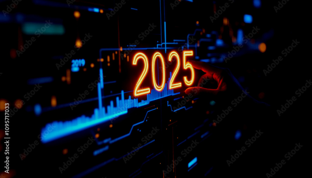 Poster person pointing at a digital progress bar transitioning from 2024 to 2025, symbolizing new year anti