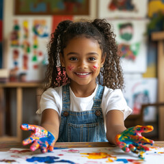 Smiling Girl with Colorful Painted Hands in a Creative Art Setting