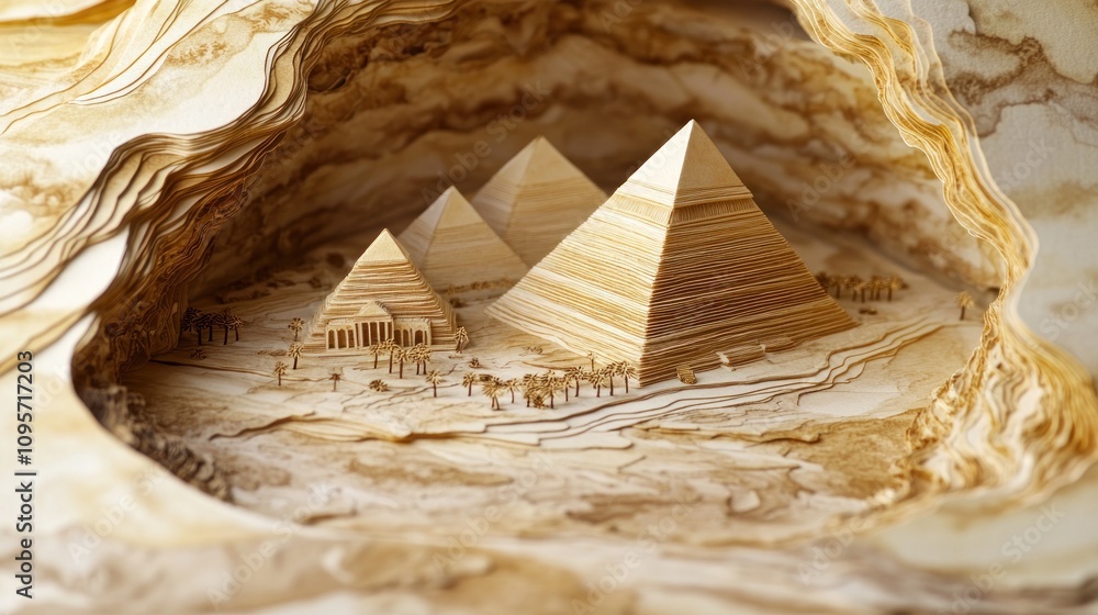 Poster a detailed artistic representation of pyramids carved from layered materials.