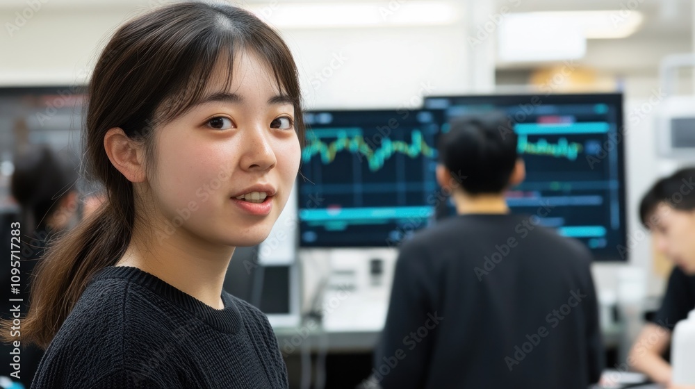 Aufkleber A young woman in a workspace with computer screens displaying data and charts.