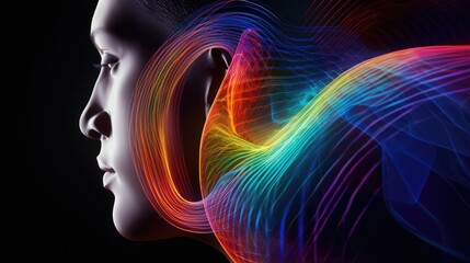 Fototapeta premium An artistic visualization of a human ear with complex sound waves emanating from it in vibrant colors, representing cutting-edge auditory technology and advanced sound processing.