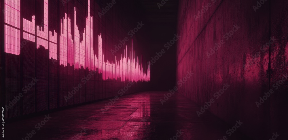 Poster a digital sound wave visualization in a dark corridor with a pink hue.