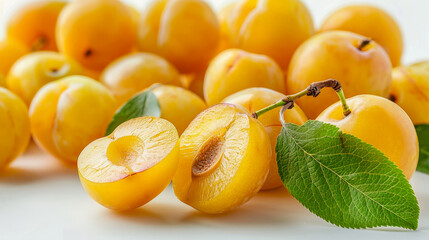 Fresh yellow plums with leaves on a white background, emphasizing their natural look
