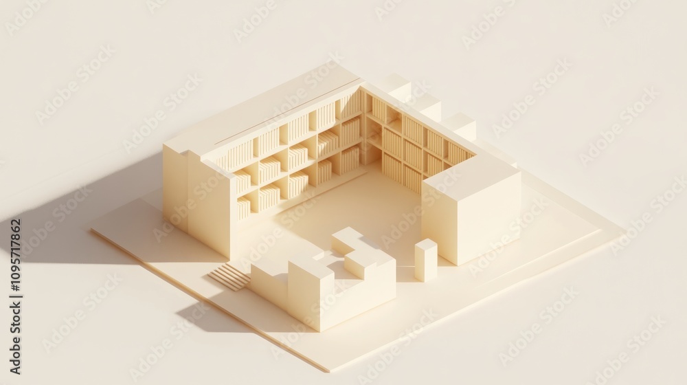 Aufkleber A minimalist architectural model showcasing a building with open spaces and shelves.