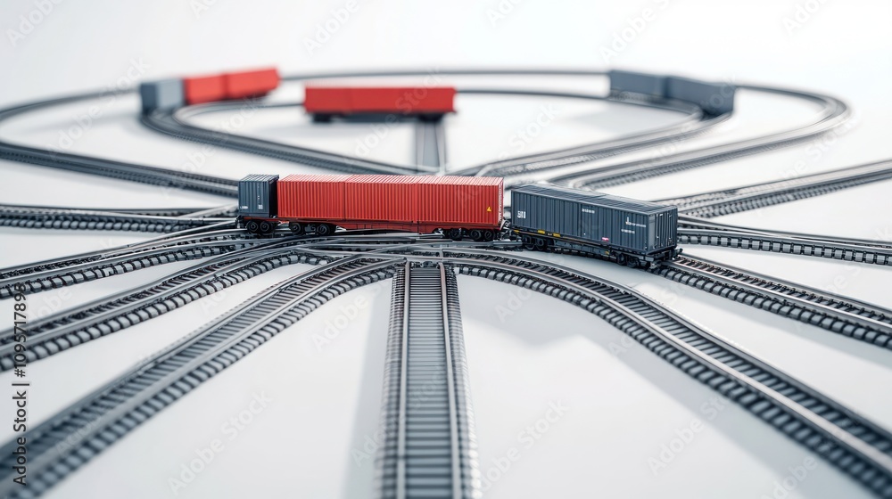 Poster A model train setup with multiple tracks and cargo containers for display or hobby purposes.