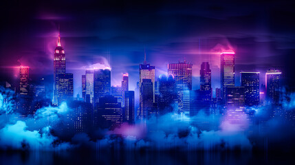 Obraz premium Downtown Skyline in Thick Fog, Neon Lights Faintly Visible