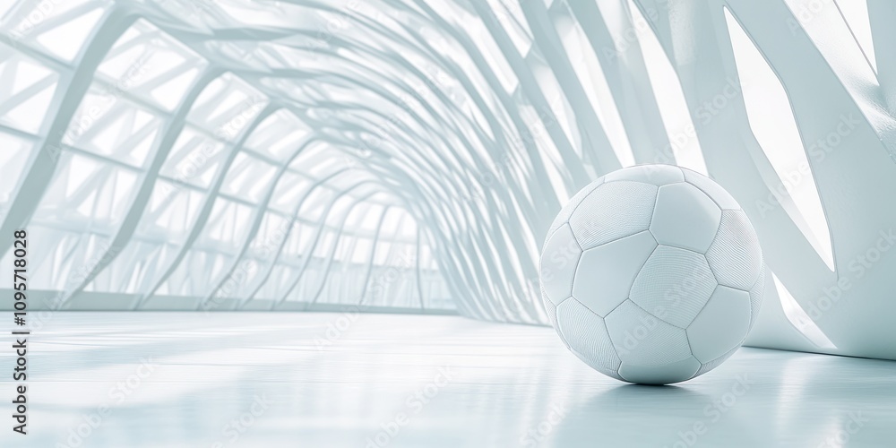Poster a minimalist setting featuring a soccer ball in a modern architectural space.