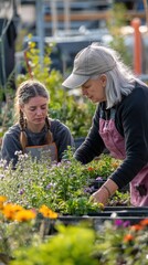 Two women tending to plants in a garden center, showcasing a shared passion for gardening.