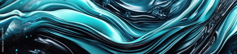 Poster Abstract fluid design with swirling turquoise and black patterns.