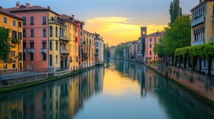 Fototapeta premium A serene canal view at sunset, showcasing colorful buildings and reflections in the water.