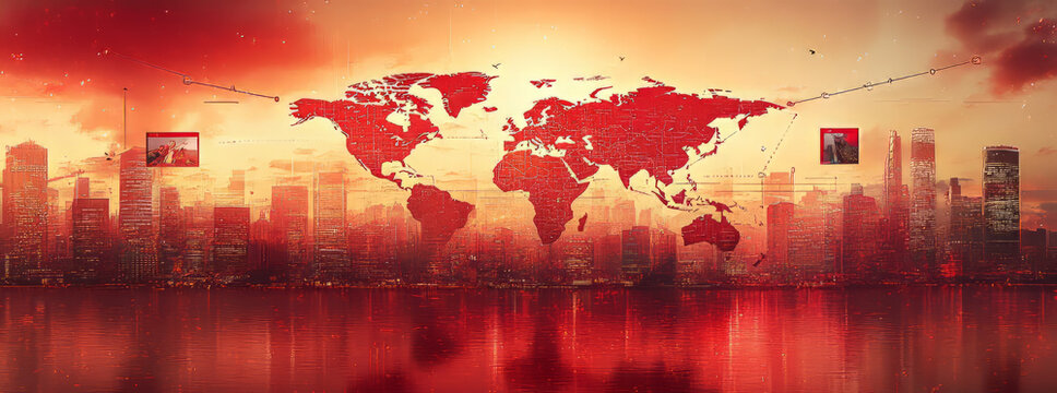 a red and white motif, the abstract idea of a travel plan, pictures and polaroids on a pin-board depicting a world-wide travel plan.