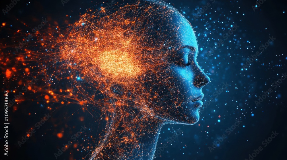 Poster a digital representation of a human head with vibrant neural connections and glowing particles.