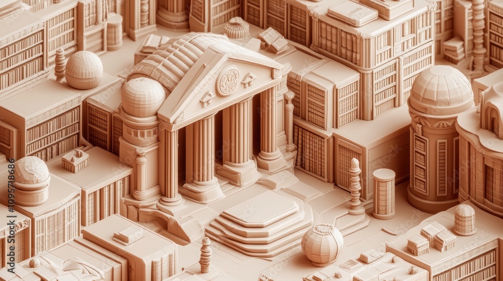 Poster A detailed 3D model of a cityscape featuring classical architecture and urban elements.