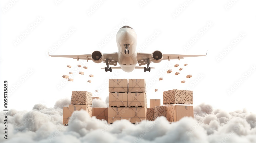 Poster an airplane flying over stacked crates, symbolizing air freight and logistics.