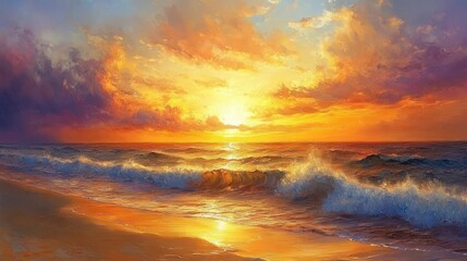 Fototapeta premium A vibrant sunset over the ocean, with waves crashing on a sandy beach.