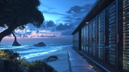 Fototapeta premium A modern data center by the ocean at dusk, showcasing technology in a serene environment.