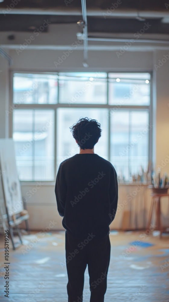 Poster a person stands alone, gazing out a large window in an artistic space, reflecting introspection.