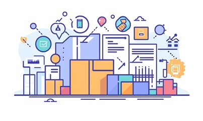 Fototapeta premium Procurement management and supply chain concept. Procurement icons related to logistics, supply chain, and inventory management. procurement in ensuring efficient business operations. delivery service
