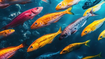 A vibrant underwater scene featuring various colorful fish swimming in clear blue water.