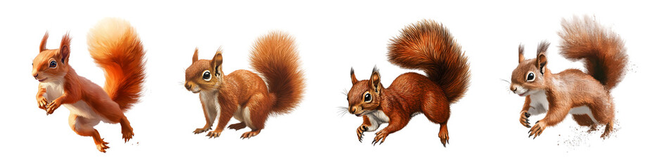 Fototapeta premium Four cute squirrels in different poses, showcasing their playful nature and fluffy tails.