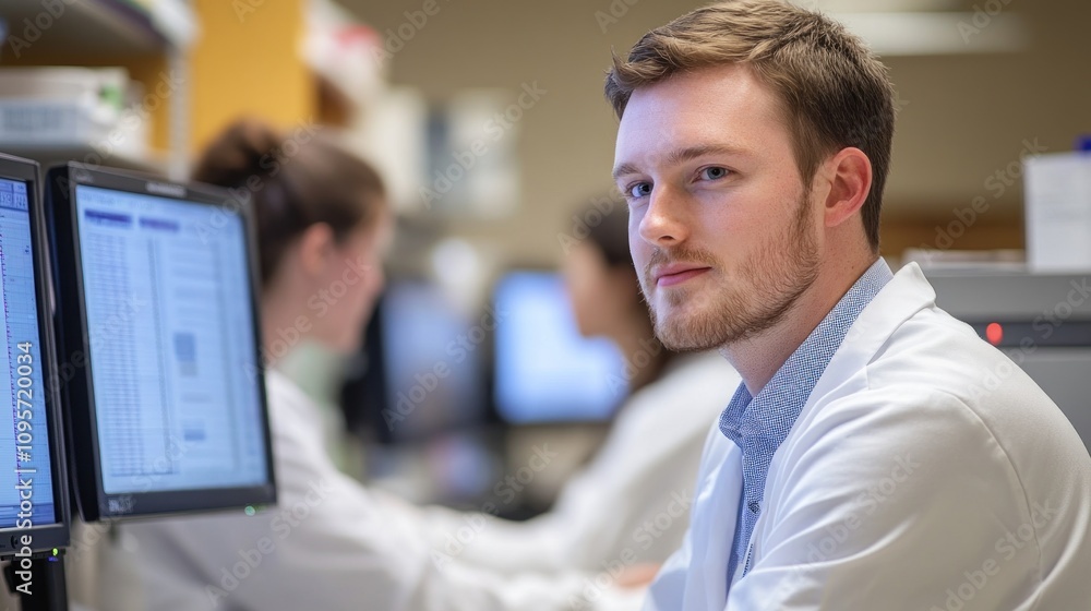 Poster a focused young professional in a lab setting, working with computers and colleagues.