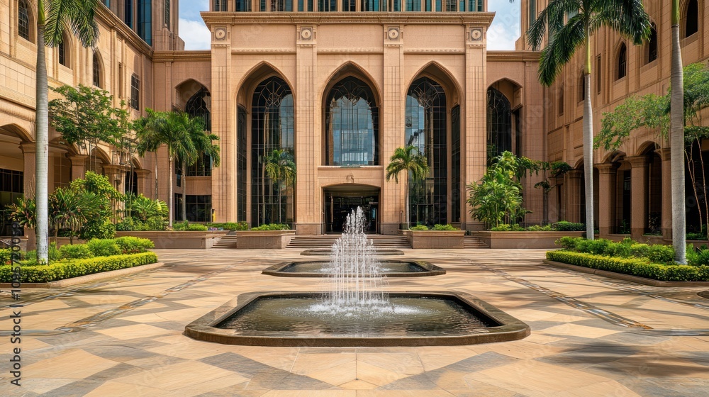 Aufkleber A serene courtyard featuring fountains and lush greenery in a modern architectural setting.
