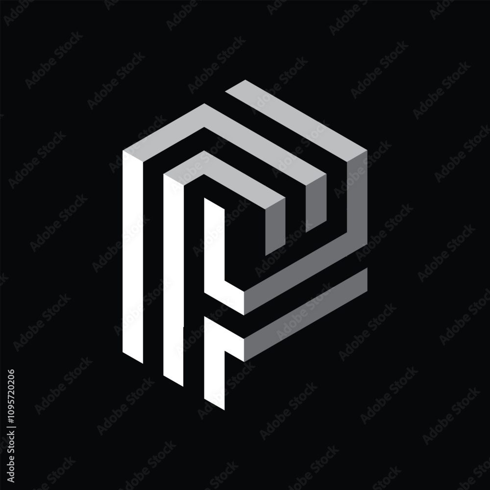 Poster this is a monogram logo design of an initial letter p in hexagonal cube shape in line style in white