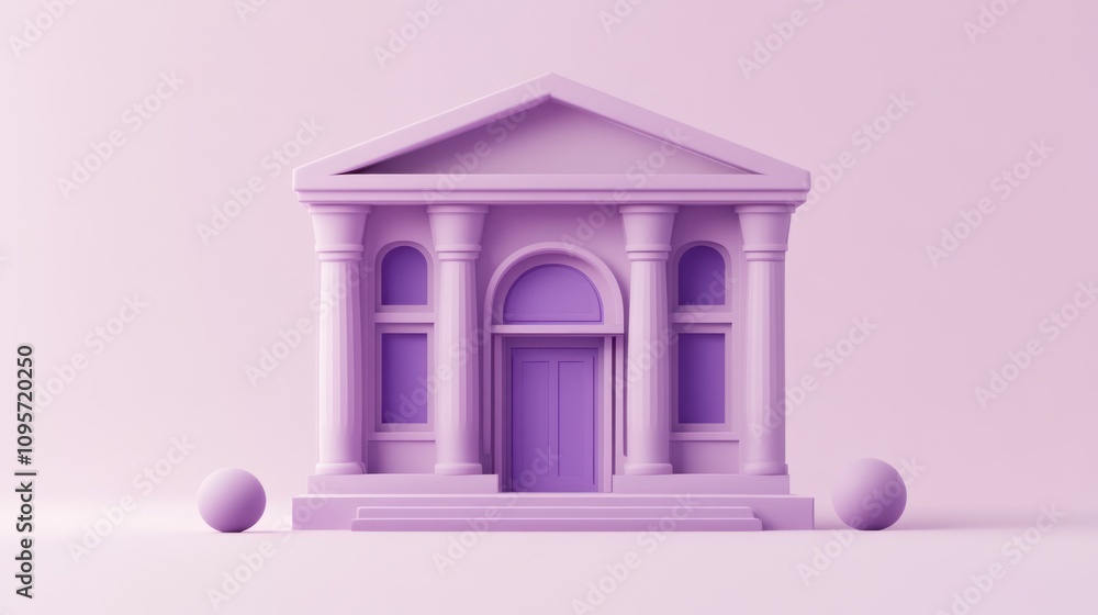 Poster a stylized purple building with columns and a door, resembling a classical architecture design.
