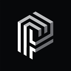 This is a monogram logo design of an initial letter P in hexagonal cube shape in line style in white and grey color that looks clean on a black background

