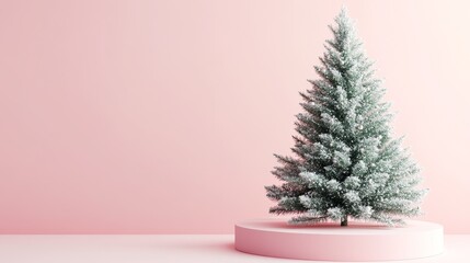 3D rendering of a minimalist Christmas background featuring a podium scene with green Christmas trees and decorations on a light pink backdrop, perfect for product display or mockup designs