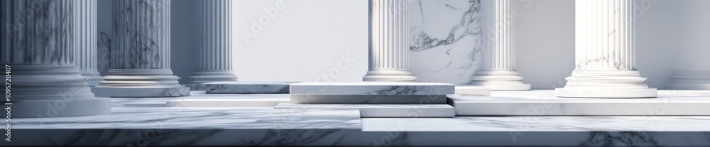 Poster a serene architectural space featuring marble columns and a polished floor.